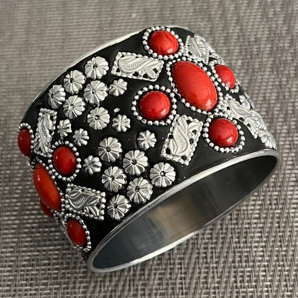 Wide Boho Bracelet - Red Stones with Silver Embellishments - Exotic! - Picture 1 of 1